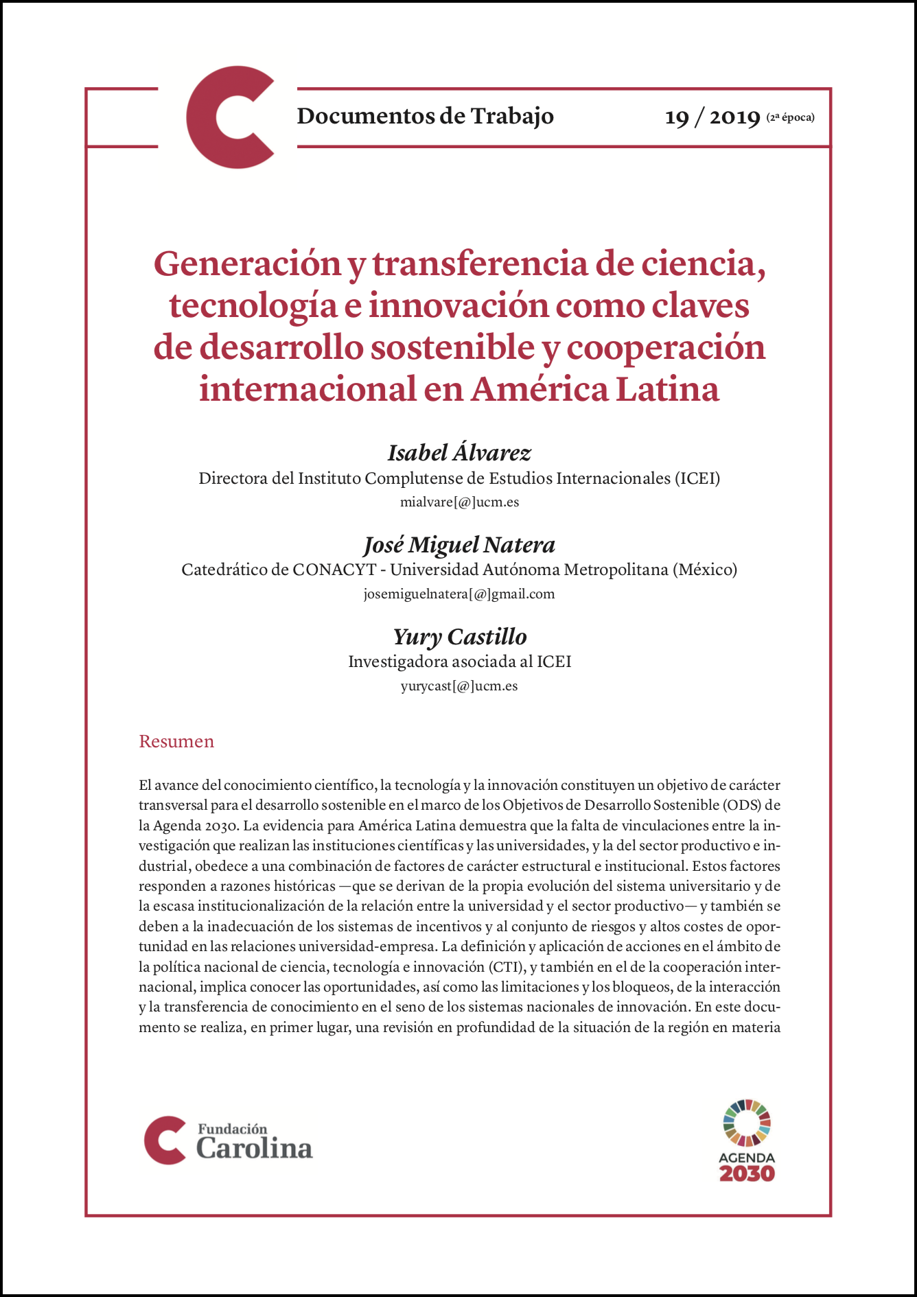 Portada Documento de Trabajo nº 19 Fundación Carolina