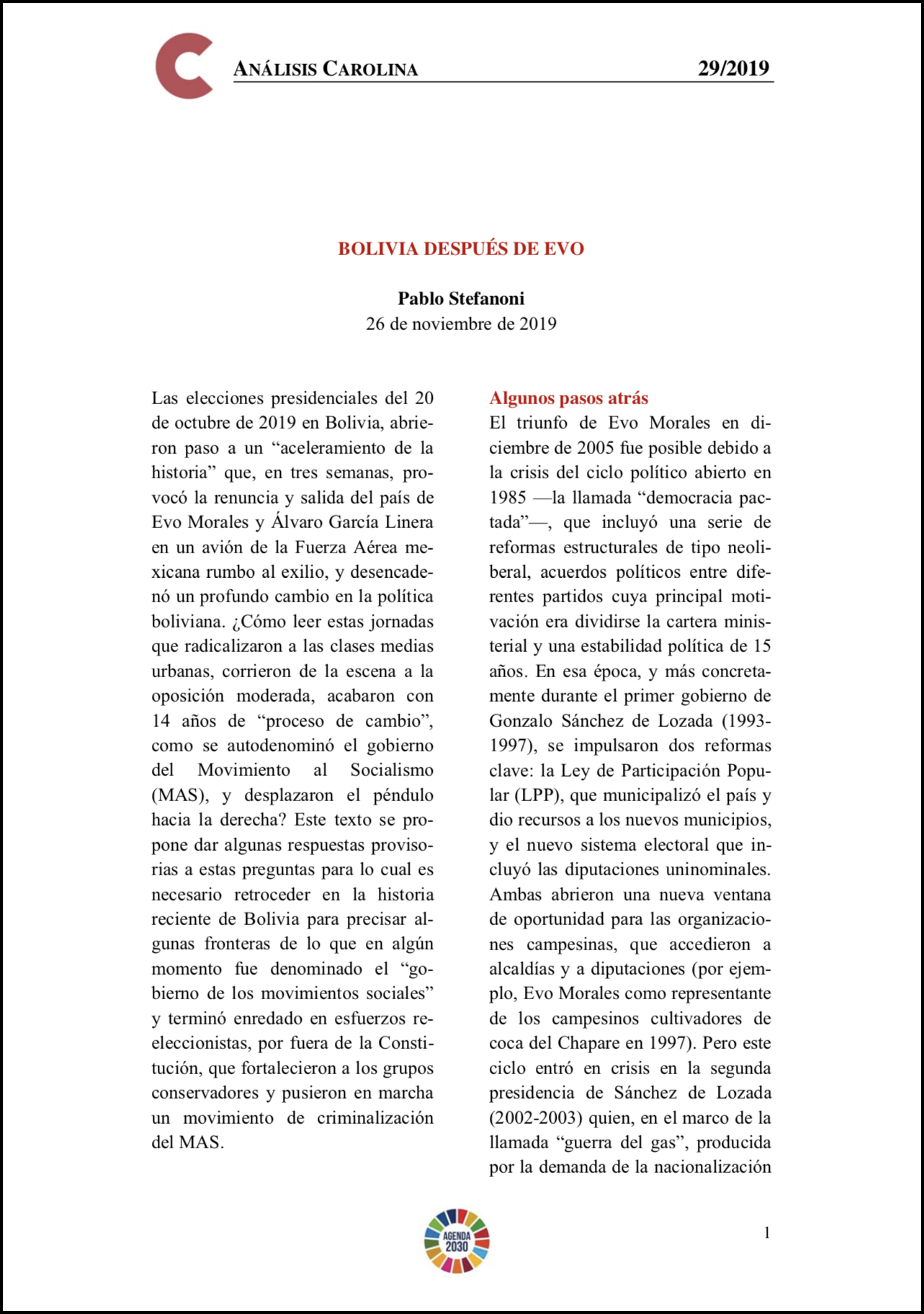 Portada documento Análisis Carolina Nº 29 2019