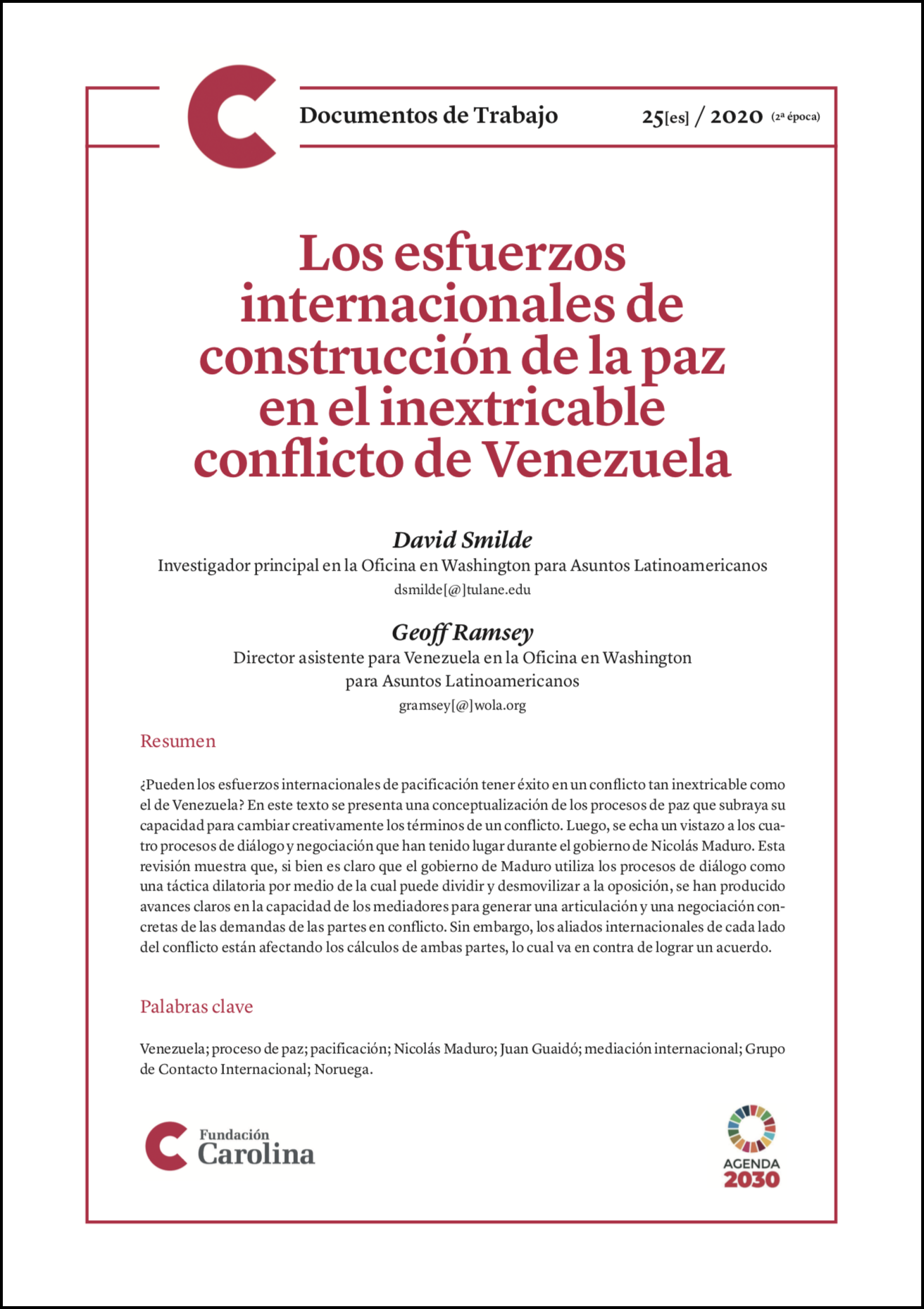 Portada Documento de Trabajo nº 25 Fundación Carolina