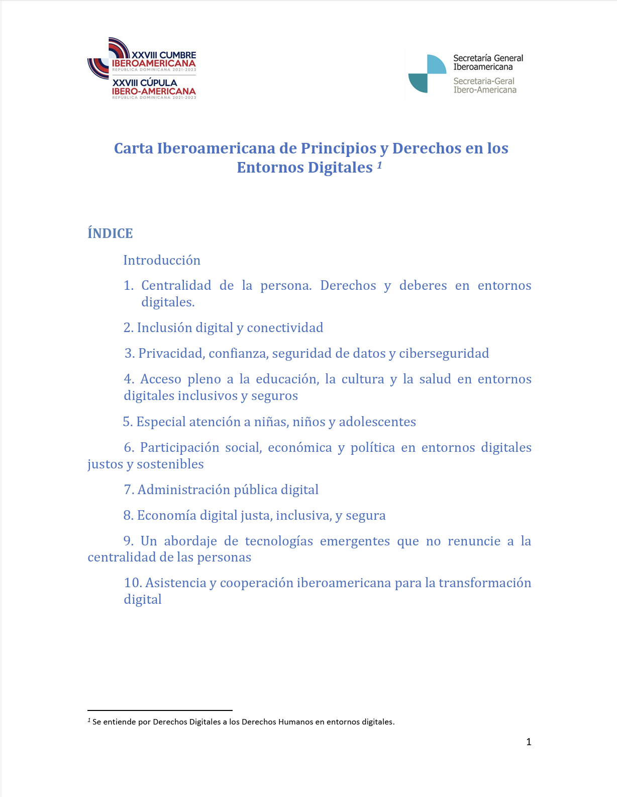 Carta Iberoamericana de Principios y Derechos en los Entornos Digitales
