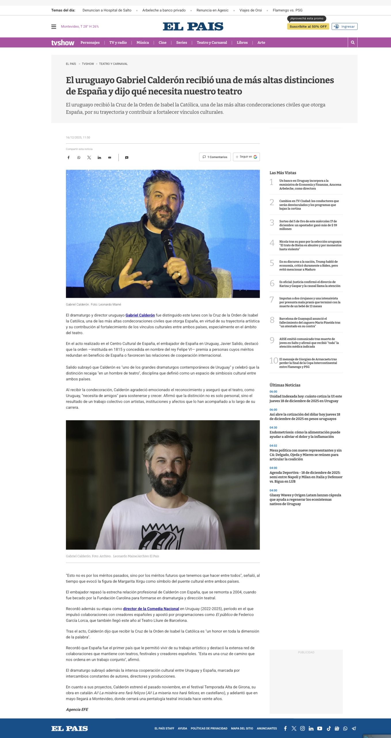 El dramaturgo Gabriel Calderón recibe la Cruz de la orden de Isabel la Católica