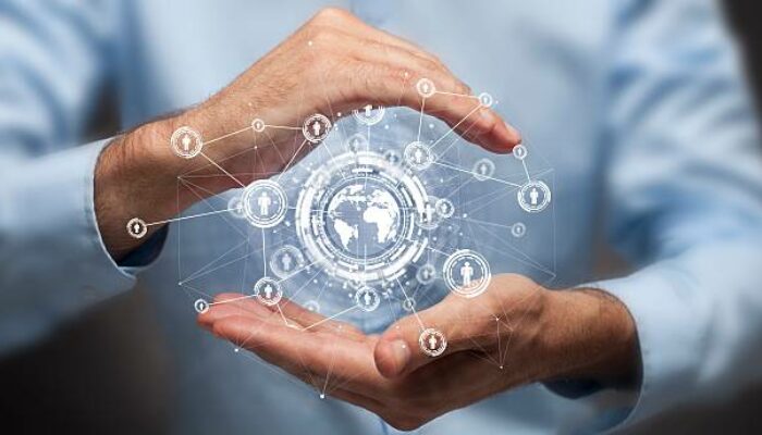 Businessman holding in hand a global connection,communications concept