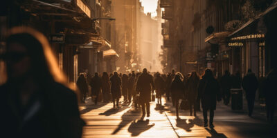 Silhouettes rush through crowded city streets at dusk generated by artificial intelligence