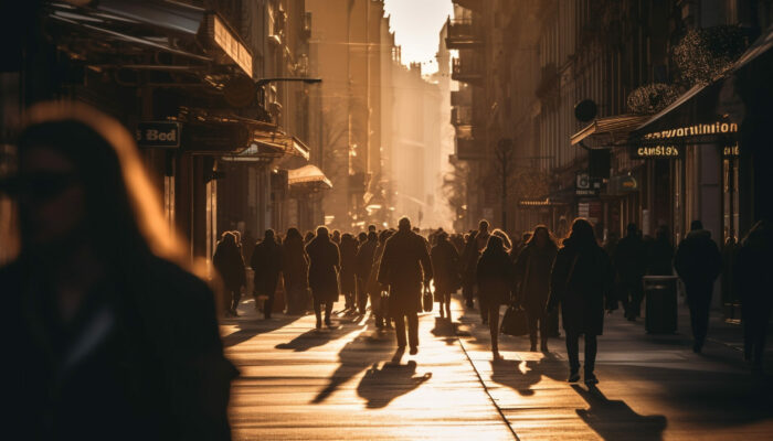 Silhouettes rush through crowded city streets at dusk generated by artificial intelligence